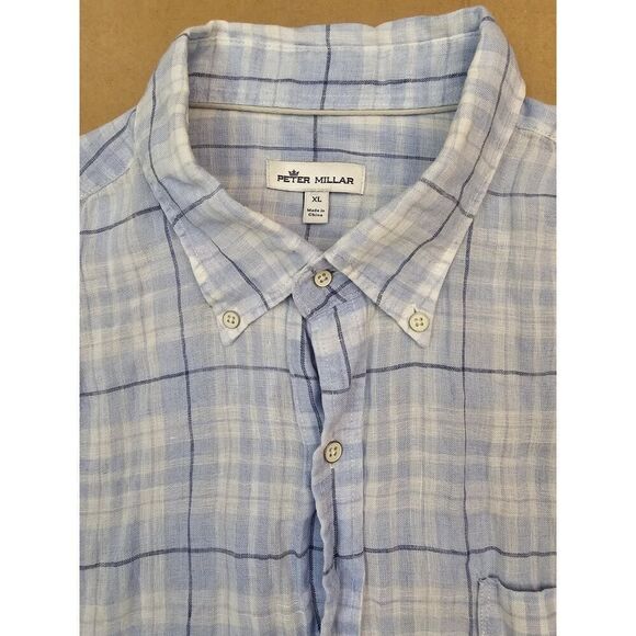 Peter Millar Linen Sport Shirt Men's XL Plaid Crown Sport Button Up Blue - Picture 8 of 13